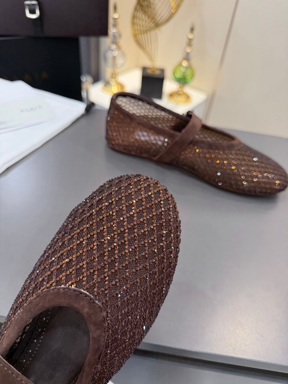 ALAÏA Dark Brown Rhinestone Ballet Flats - Picture 6 of 8